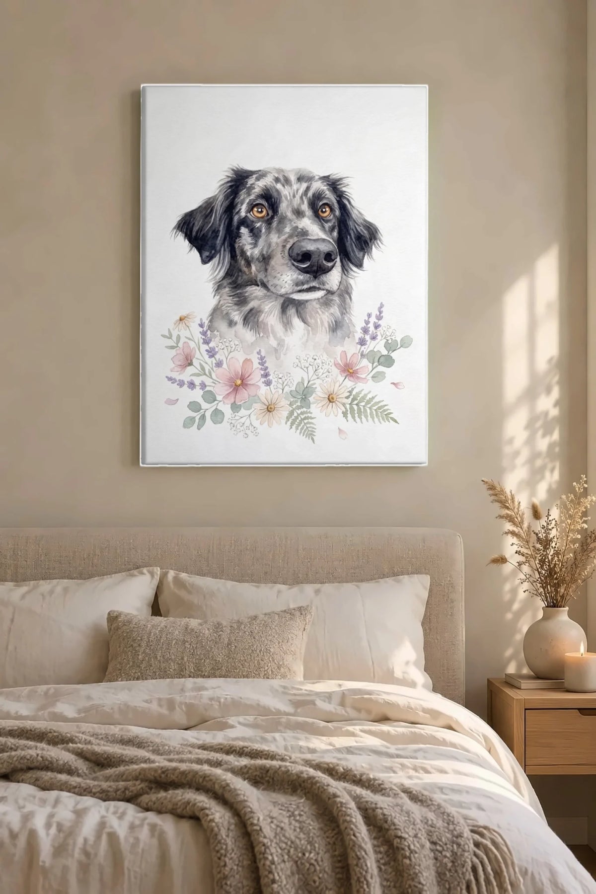Leinwand im Schlafzimmer: Dein Hund als Aquarell mit Blütenzweig – personalisiertes Hundeportrait