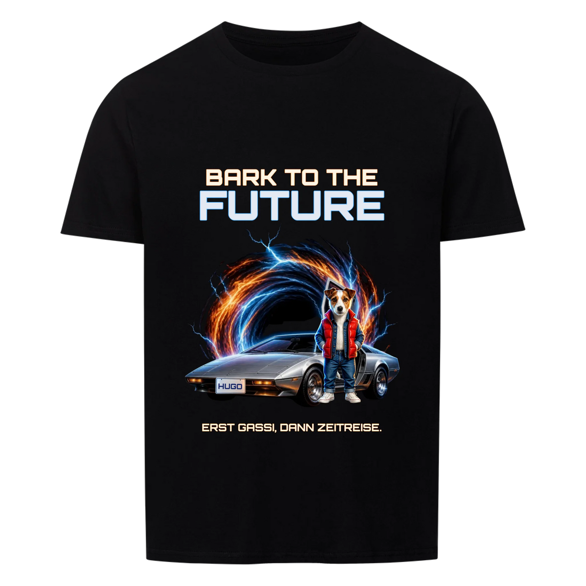 Schwarzes T-Shirt mit dem Bark-to-the-Future-DeLorean-Druck, Haustier und Name