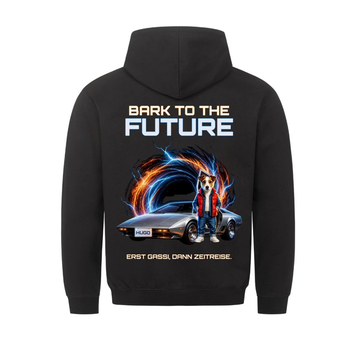 Schwarzer Hoodie mit dem Bark-to-the-Future-DeLorean-Druck auf dem Ruecken, Haustier und Name