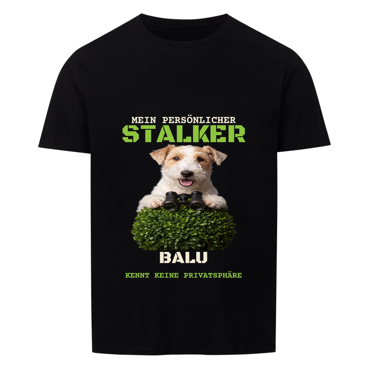 Mein persönlicher Stalker T-Shirt: Terrier mit Fernglas hinter der Hecke mit Namen, schwarzes Shirt | Lil Snouts