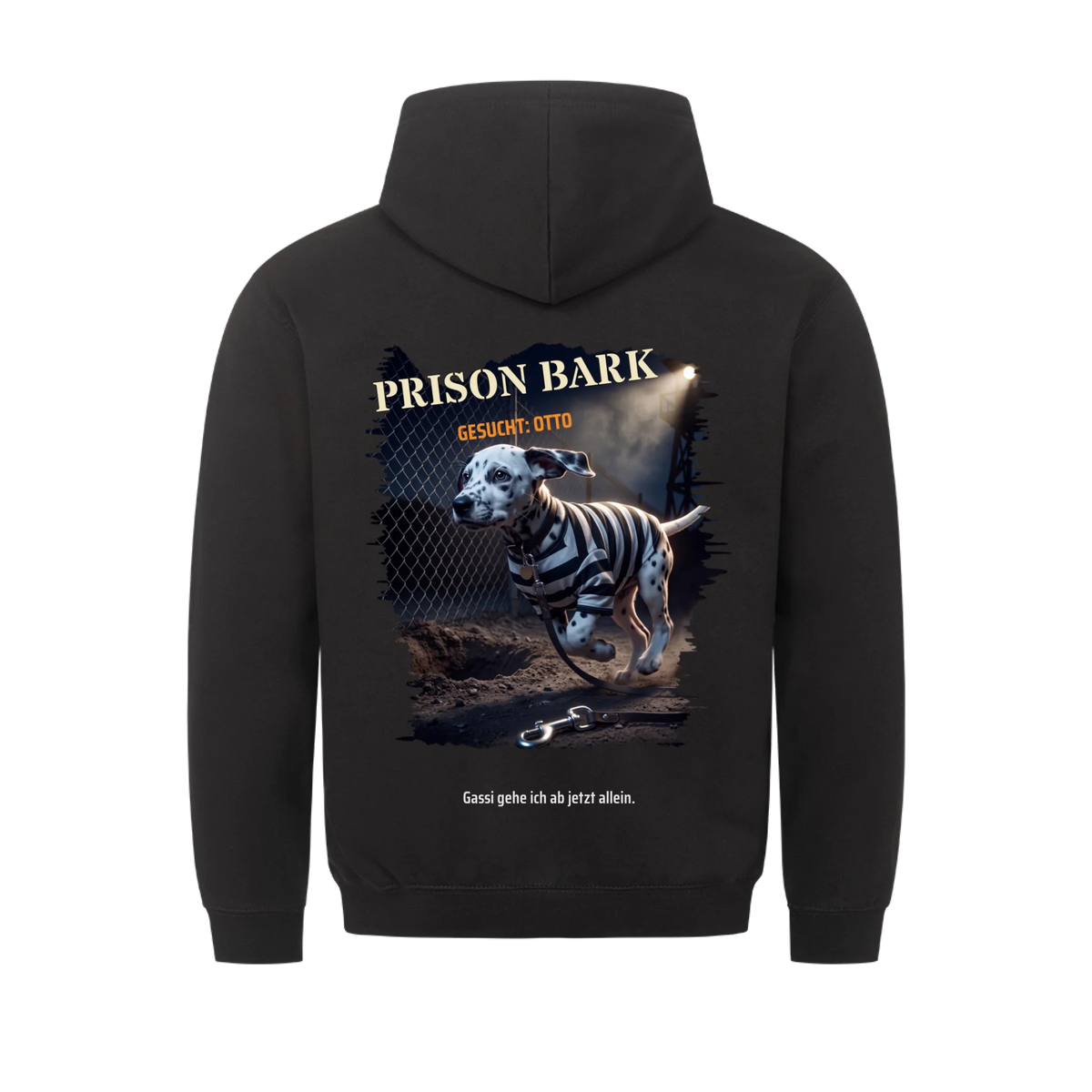 Prison Bark Hoodie in Schwarz, Rückendruck: Dalmatiner-Welpe im Sträflingshemd auf der Flucht, GESUCHT mit Namen | Lil Snouts