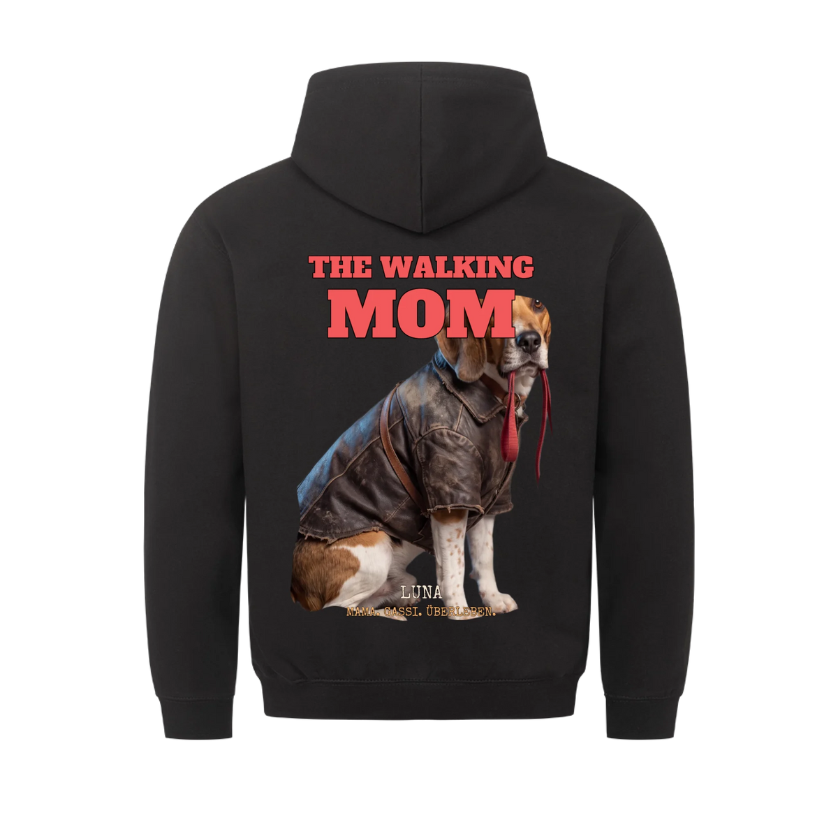 Schwarzer Hoodie mit dem The-Walking-Mom-Druck auf dem Ruecken, Haustier in Lederjacke und Name