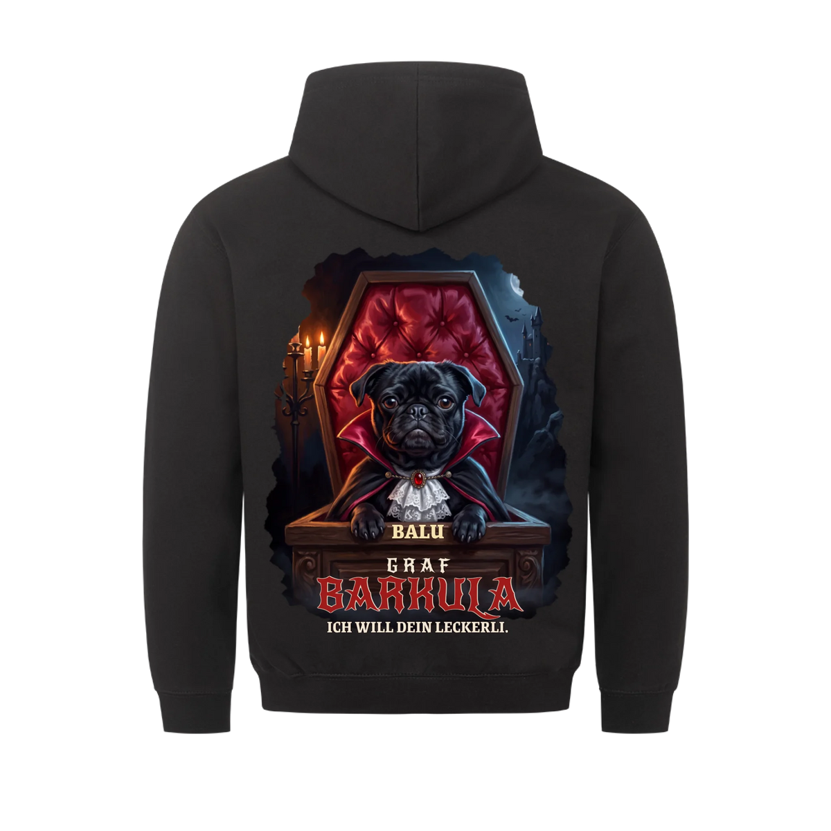Graf Barkula Hoodie: Mops als Vampir im Sarg mit Namen, schwarzer Hoodie mit Rückendruck | Lil Snouts