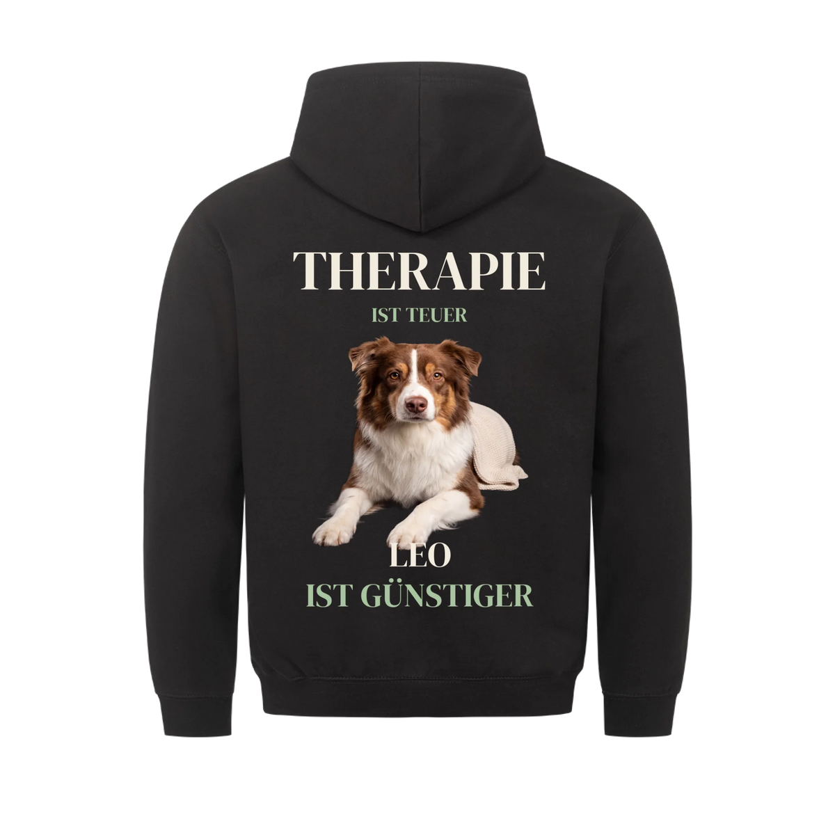 Therapie ist teuer Hoodie: liegender Hund mit Namen, schwarzer Hoodie mit Rückendruck | Lil Snouts