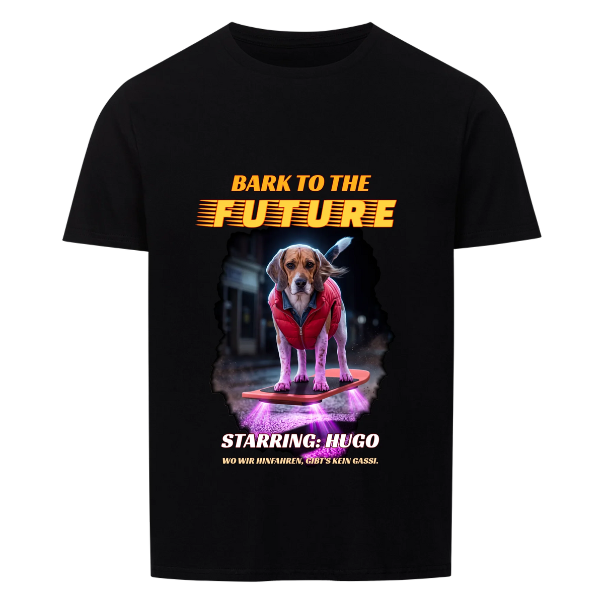 Schwarzes T-Shirt mit dem Bark-to-the-Future-Druck, Haustier und Name