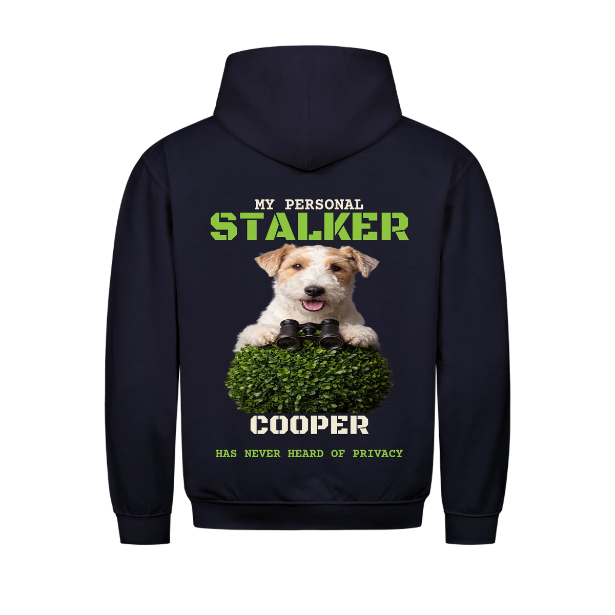 My Personal Stalker custom pet hoodie navy, back print - your dog with binoculars and name