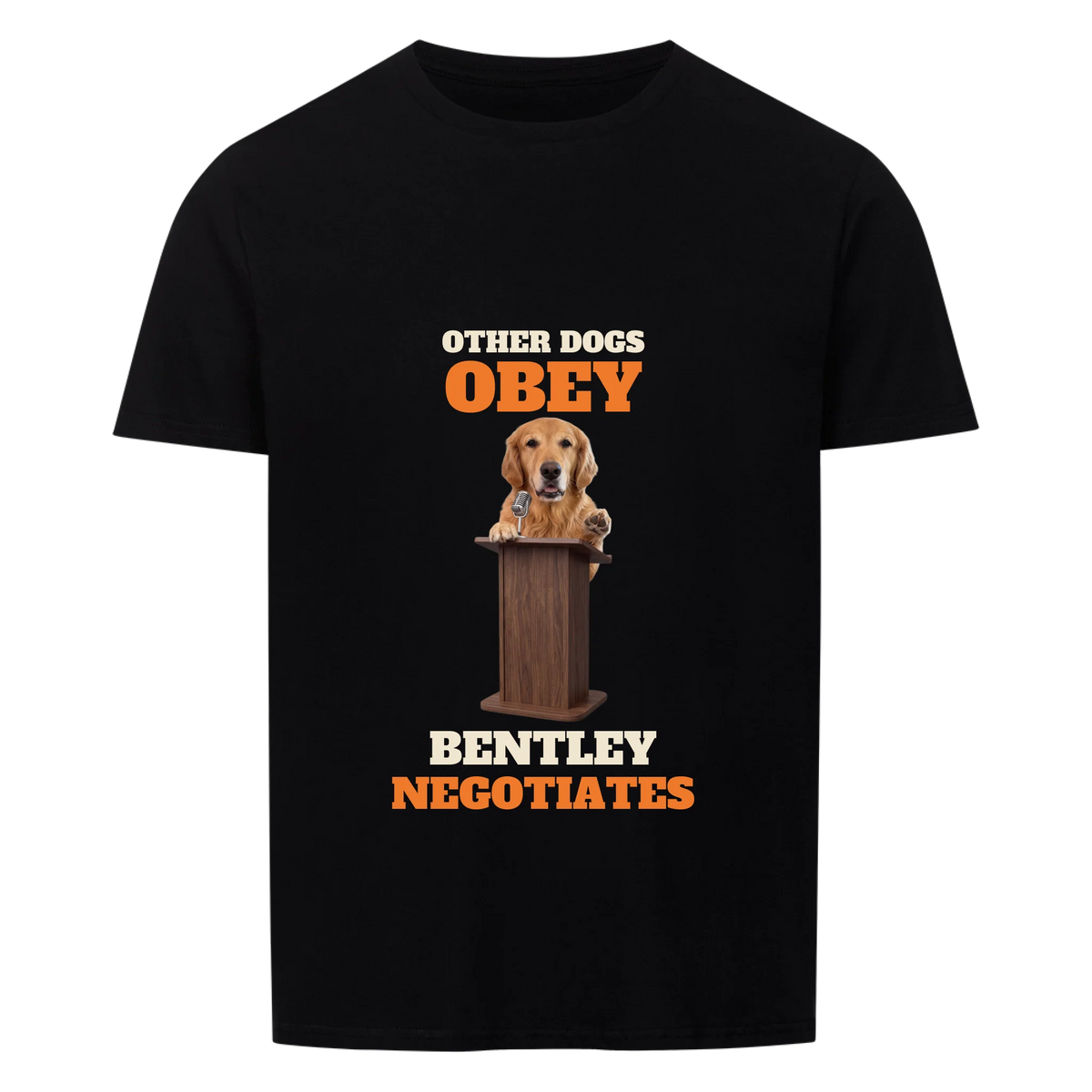 Other Dogs Obey custom pet t-shirt black - your dog at a wooden podium with microphone, paw raised, with name