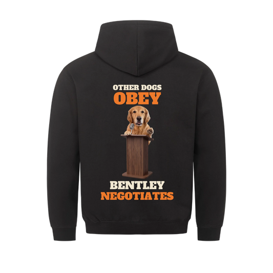 Other Dogs Obey custom pet hoodie black, back print - your dog at a wooden podium with microphone, with name