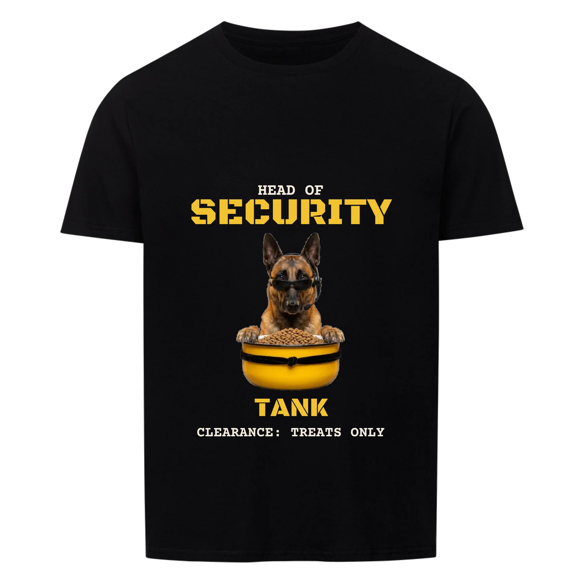 Head of Security custom pet t-shirt black - your dog with sunglasses and security headset, paws on a yellow food bowl, with name