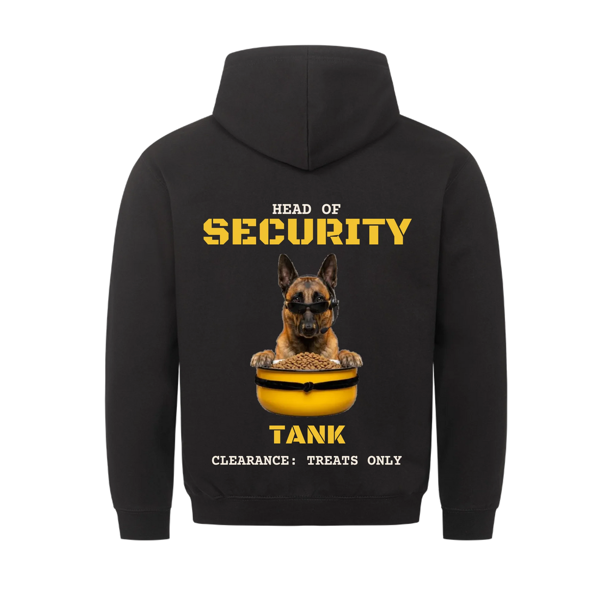 Head of Security custom pet hoodie black, back print - your dog in sunglasses and headset guarding a yellow kibble bowl, with name