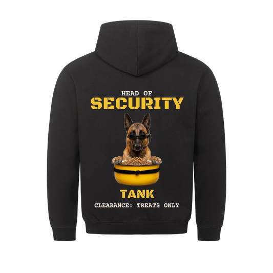 Head of Security custom pet hoodie black, back print - your dog in sunglasses and headset guarding a yellow kibble bowl, with name