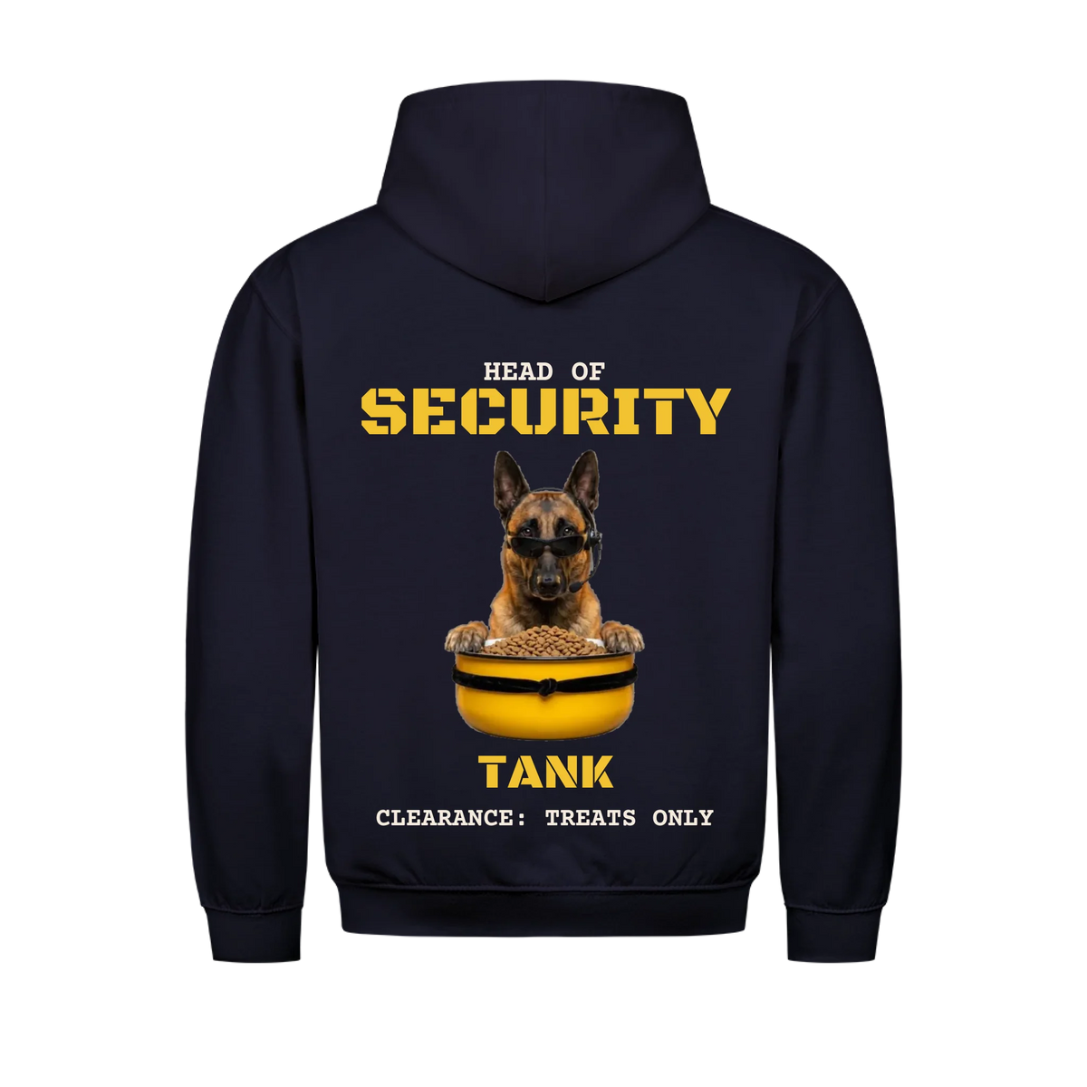 Head of Security custom pet hoodie navy, back print - your dog in sunglasses and headset guarding a yellow kibble bowl, with name