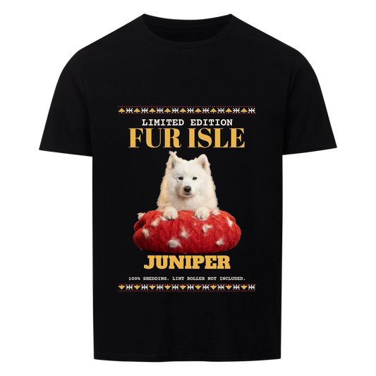 Fur Isle custom pet t-shirt black - your dog with paws on a red knit sweater full of its own fur, with name