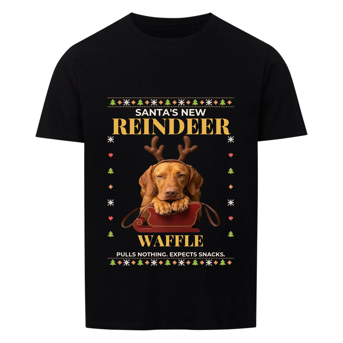 Santa's New Reindeer custom pet t-shirt black - your dog in reindeer antlers and harness resting its chin on a little red sleigh, with name