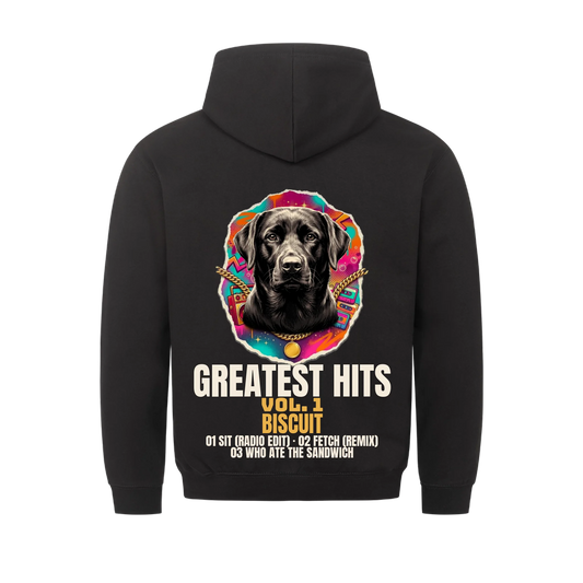 Greatest Hits Vol. 1 custom pet hoodie black, back print - your pet as a gold-chain album emblem with name and tracklist