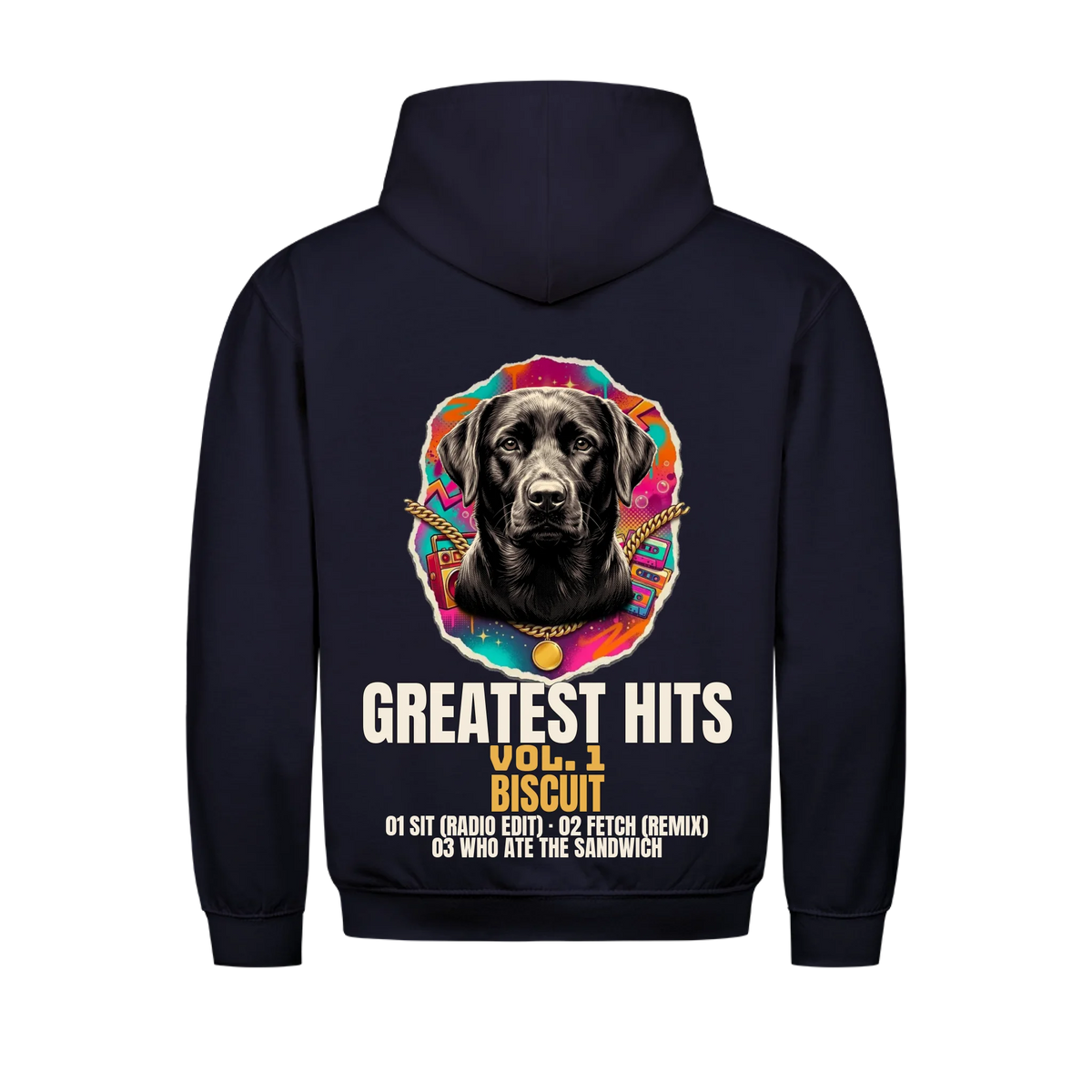 Greatest Hits Vol. 1 custom pet hoodie navy, back print - your pet as a gold-chain album emblem with name and tracklist