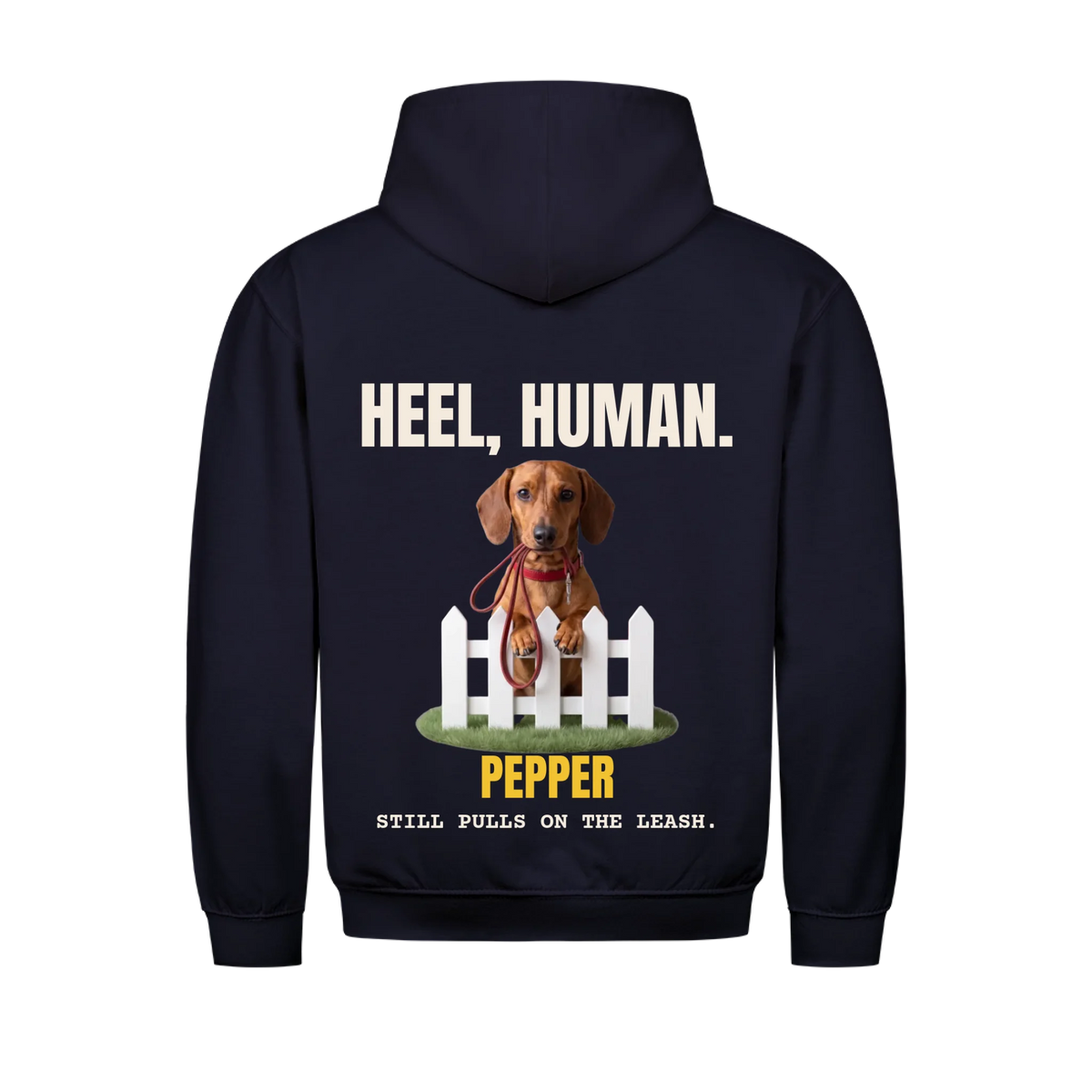 Heel, Human custom pet hoodie navy, back print - your dog behind a picket fence with a red leash in its mouth, with name