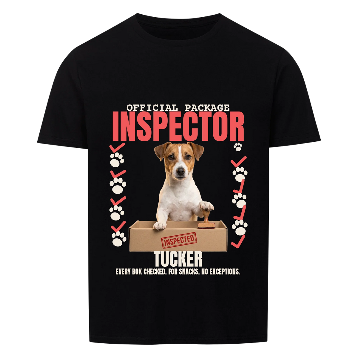 Official Package Inspector custom pet t-shirt black - your dog behind an open cardboard box with an INSPECTED stamp, red check marks and paw prints, with name
