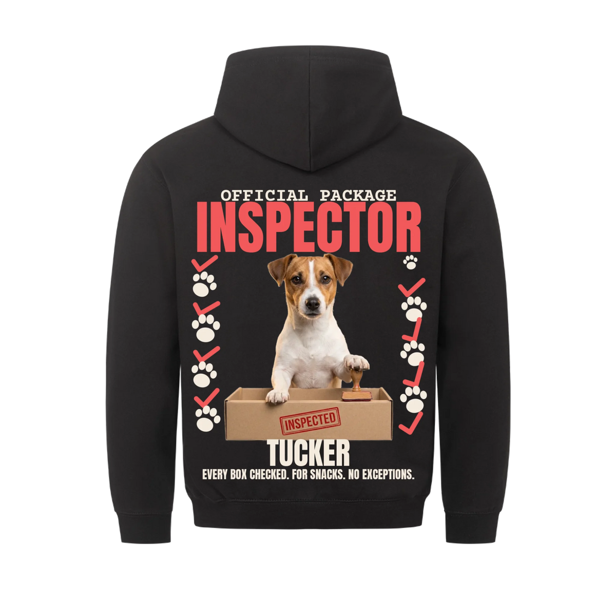Official Package Inspector custom pet hoodie black, back print - your dog behind an open cardboard box with an INSPECTED stamp, with name