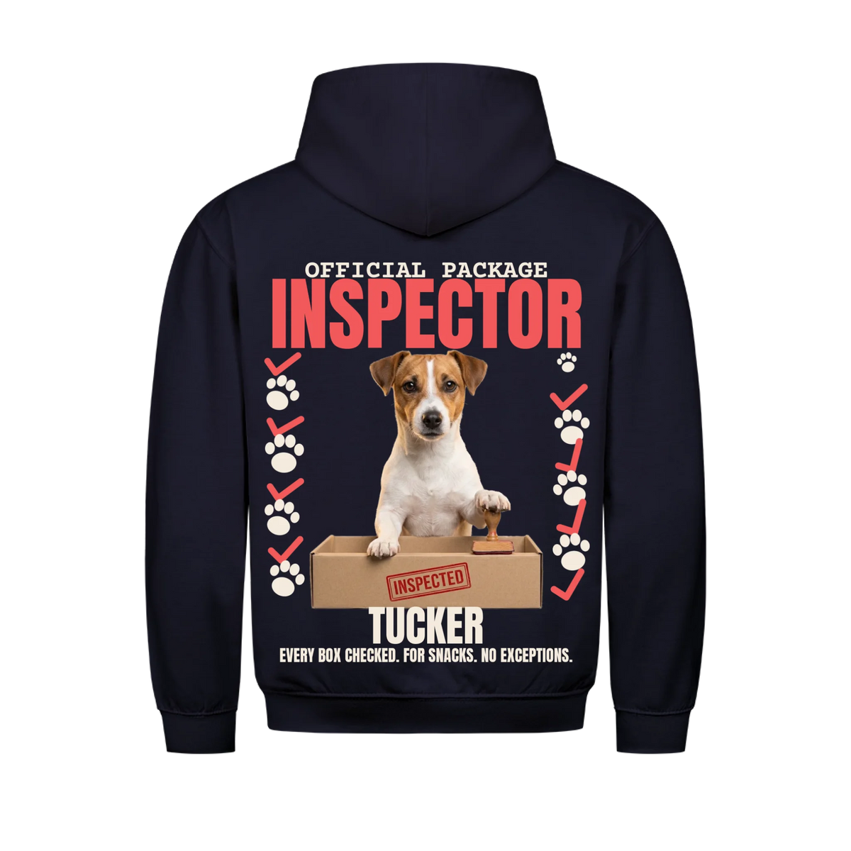 Official Package Inspector custom pet hoodie navy, back print - your dog behind an open cardboard box with an INSPECTED stamp, with name