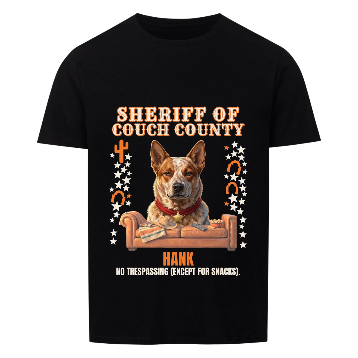 Sheriff of Couch County custom pet t-shirt black - your dog with red bandana and gold star behind a leather couch with cowboy hat and snack bowl, with name