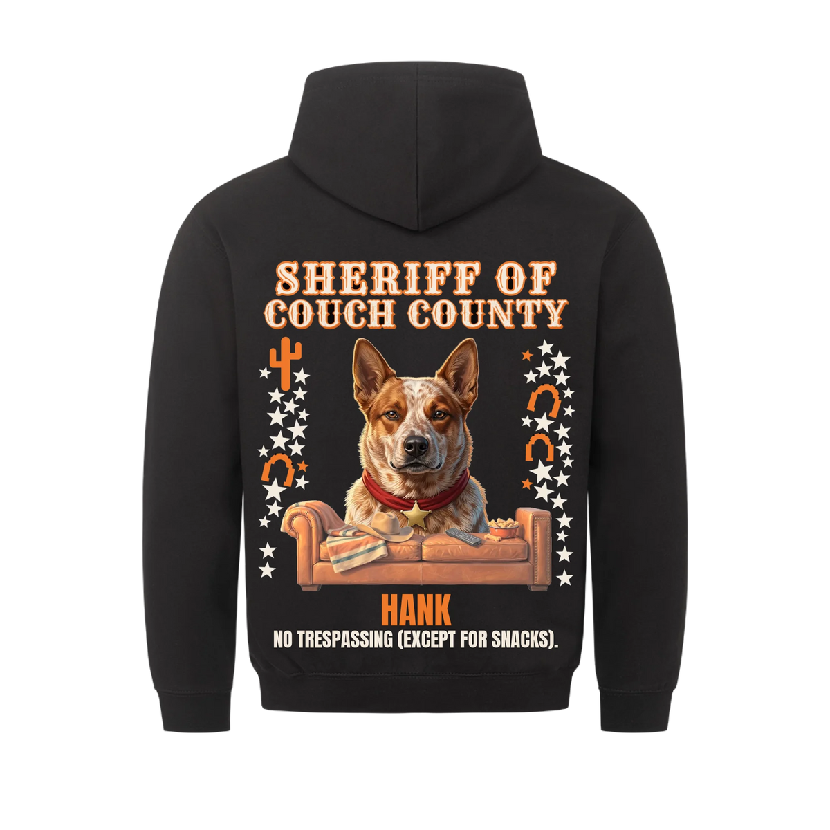 Sheriff of Couch County custom pet hoodie black, back print - your dog with sheriff star behind a leather couch with cowboy hat, with name