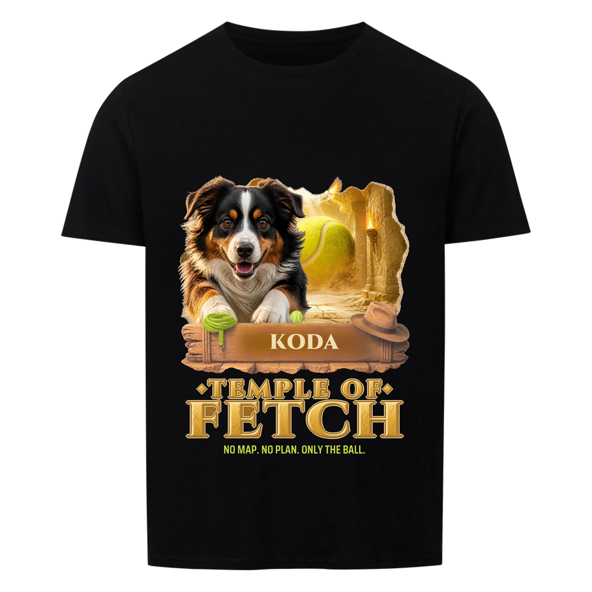 Temple of Fetch custom pet t-shirt or hoodie - your dog in a golden temple corridor with a giant tennis ball, with name