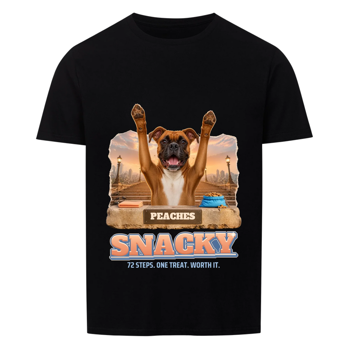 Snacky custom pet t-shirt or hoodie - your dog with raised paws at the top of a city staircase at sunrise, with name