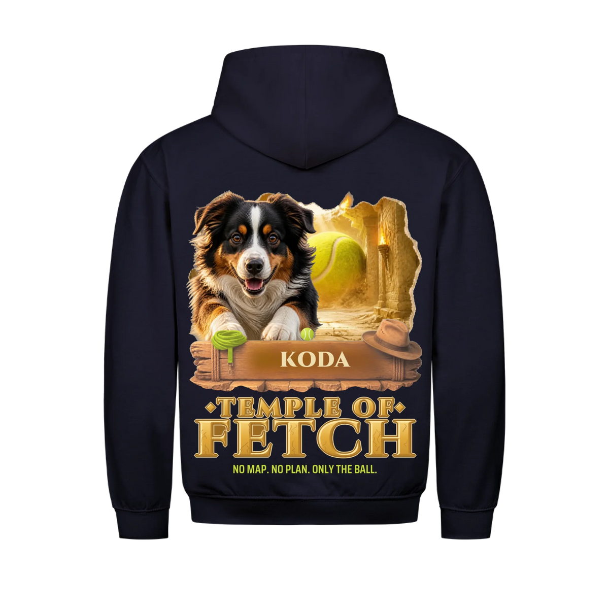 Temple of Fetch custom pet t-shirt or hoodie - your dog in a golden temple corridor with a giant tennis ball, with name