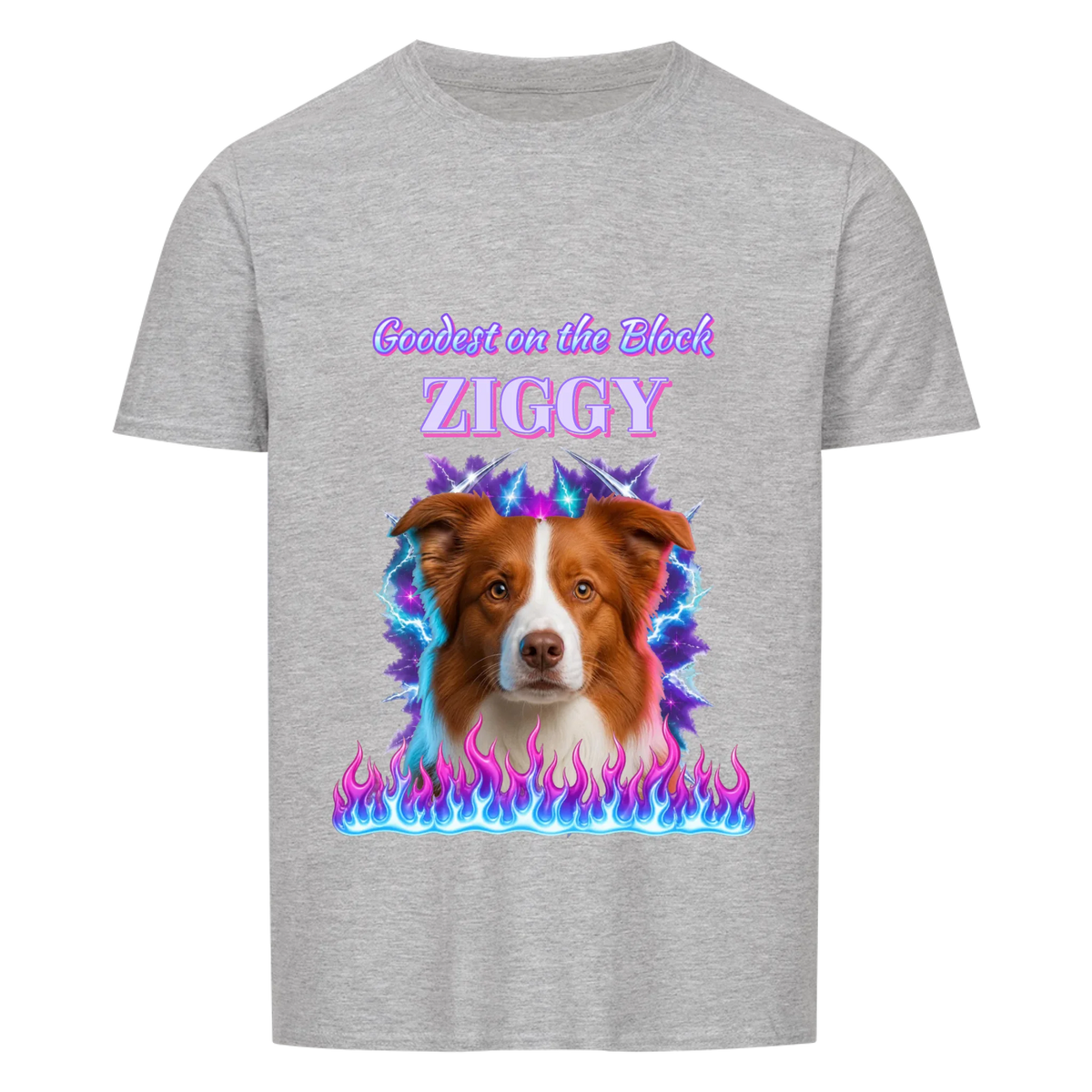 Goodest On The Block custom pet t-shirt or hoodie - your dog as a 90s rap bootleg airbrush portrait with lightning and flames, with name