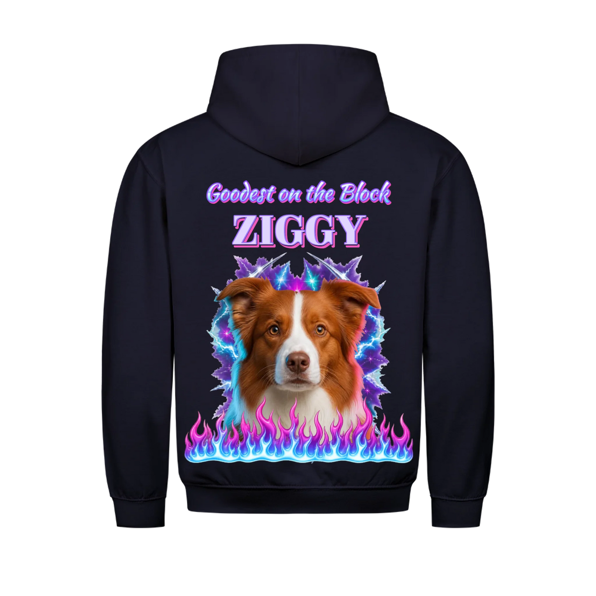 Goodest On The Block custom pet t-shirt or hoodie - your dog as a 90s rap bootleg airbrush portrait with lightning and flames, with name