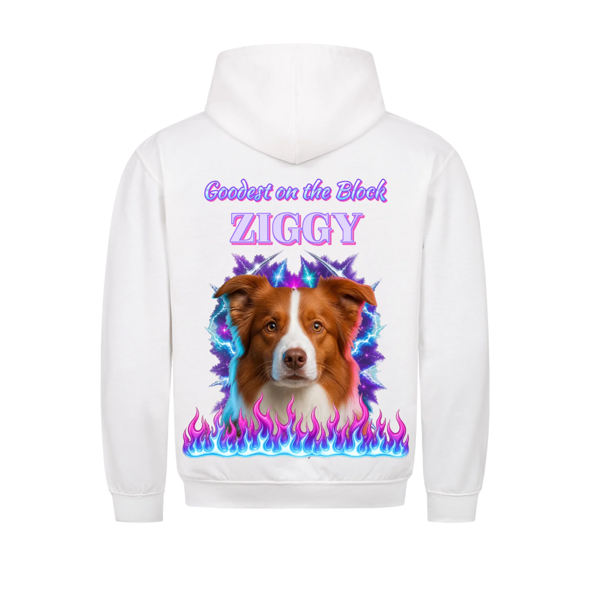 Goodest On The Block custom pet t-shirt or hoodie - your dog as a 90s rap bootleg airbrush portrait with lightning and flames, with name