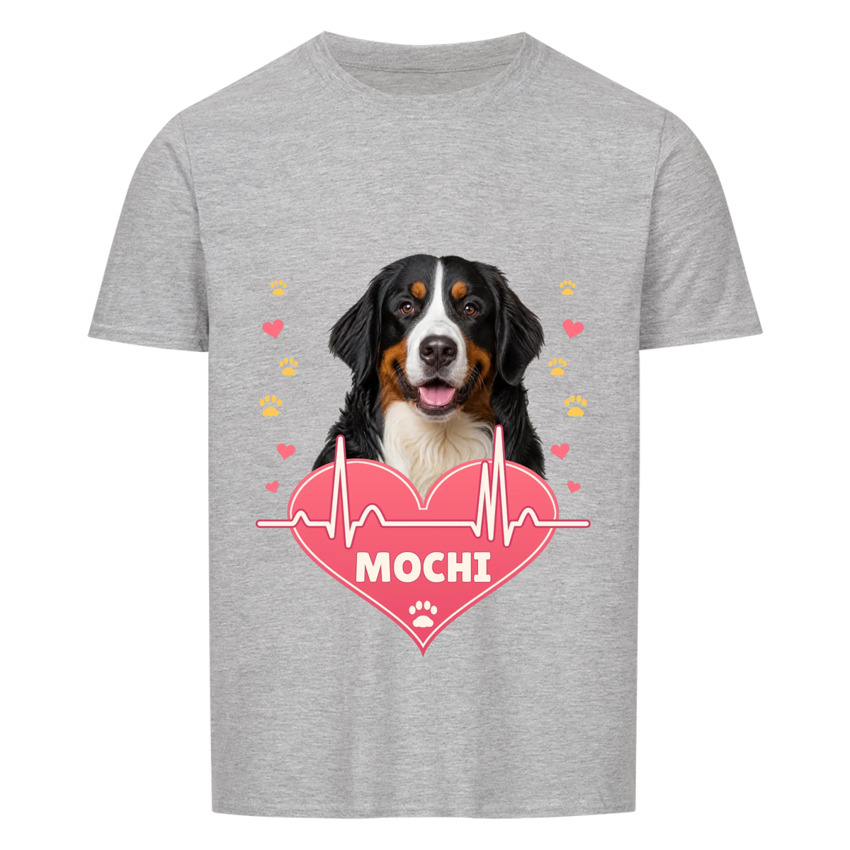 Pawbeat Heartline custom pet t-shirt or hoodie - your dog's portrait above a pink heart with a heartbeat line, with name
