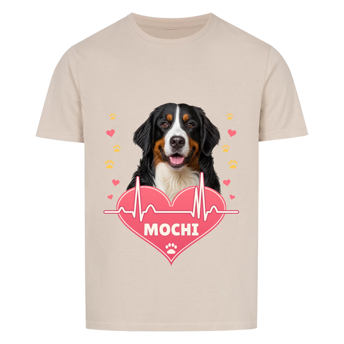 Pawbeat Heartline custom pet t-shirt or hoodie - your dog's portrait above a pink heart with a heartbeat line, with name
