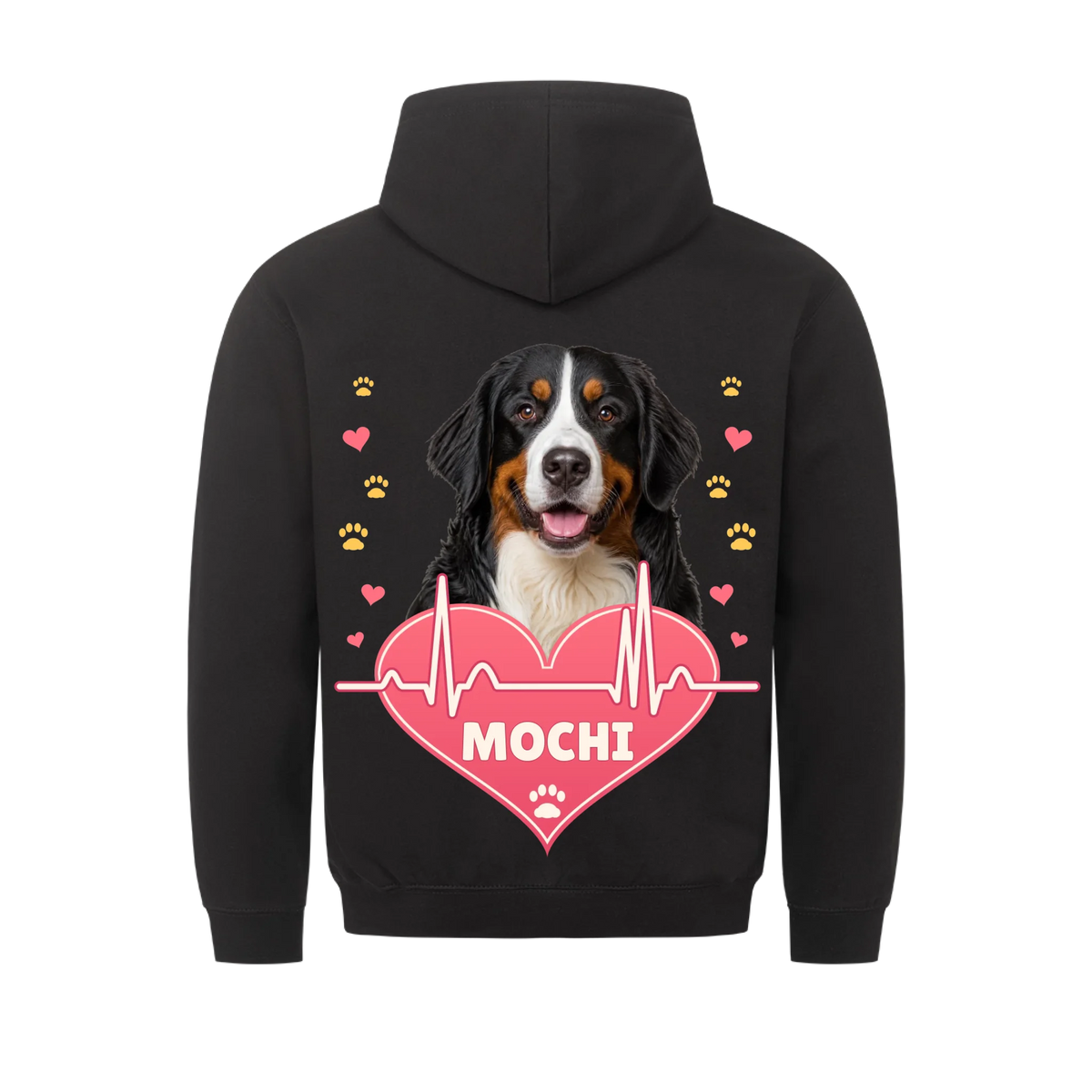Pawbeat Heartline custom pet t-shirt or hoodie - your dog's portrait above a pink heart with a heartbeat line, with name