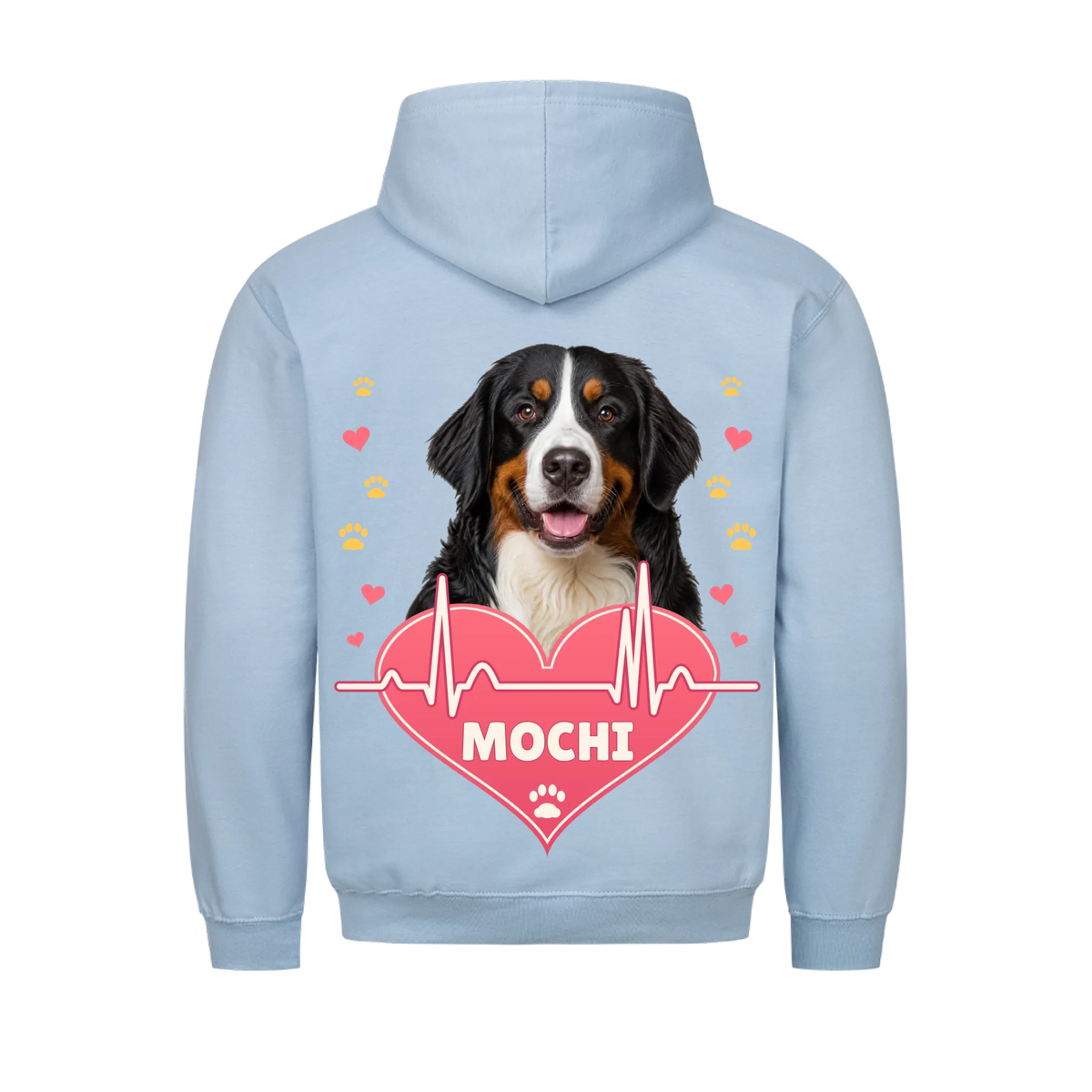 Pawbeat Heartline custom pet t-shirt or hoodie - your dog's portrait above a pink heart with a heartbeat line, with name