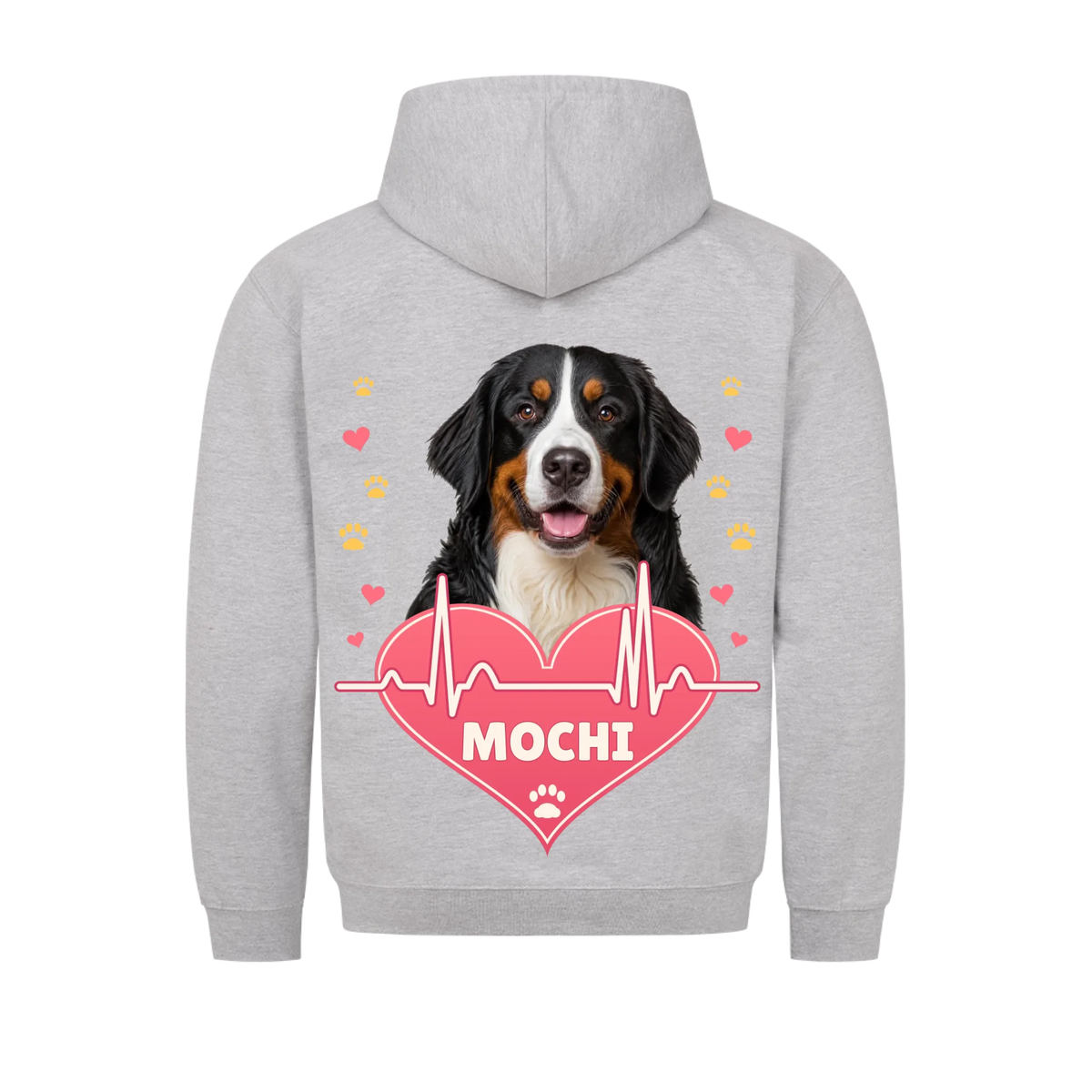 Pawbeat Heartline custom pet t-shirt or hoodie - your dog's portrait above a pink heart with a heartbeat line, with name