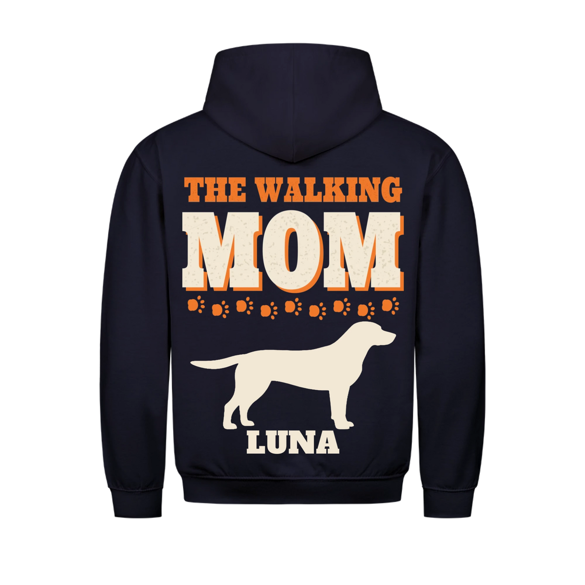 Leash Legends custom dog mom hoodie navy, back print - THE WALKING MOM in bold letters, a row of orange paw prints, Labrador silhouette and dog name LUNA