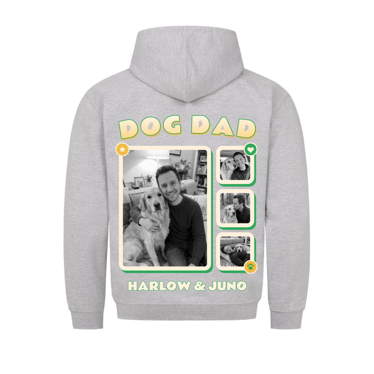 Pawrent Snapshot Grid custom pet hoodie heather grey, back print - DOG DAD title above a black and white photo grid of a man and his golden retriever, name below