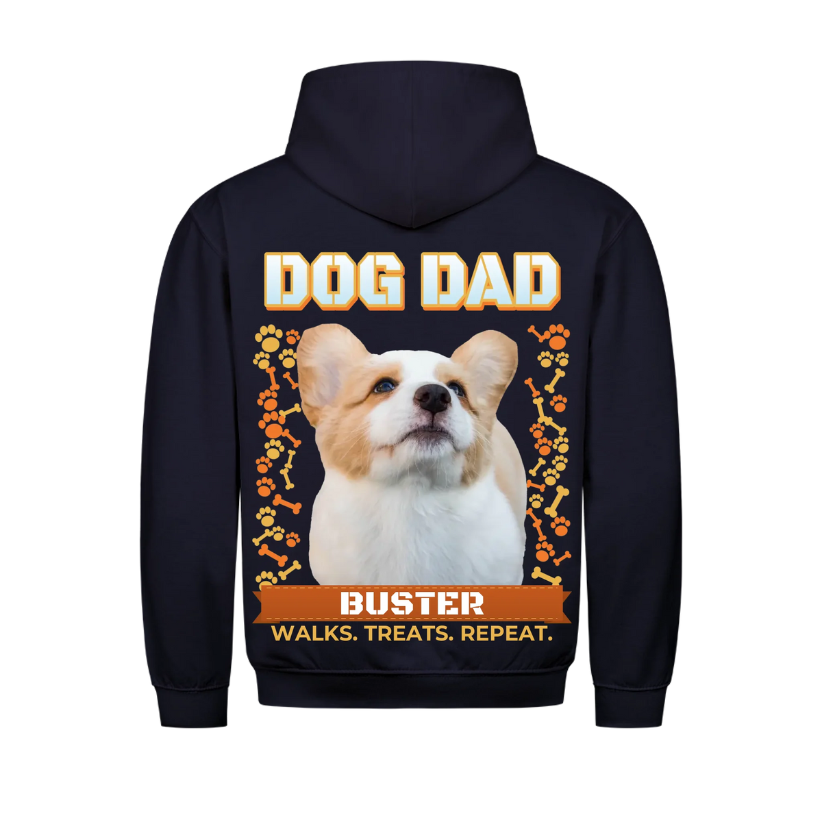 Custom dog dad hoodie, navy, back print: dog photo cut out under DOG DAD, bones and paw prints, name banner, Walks. Treats. Repeat.
