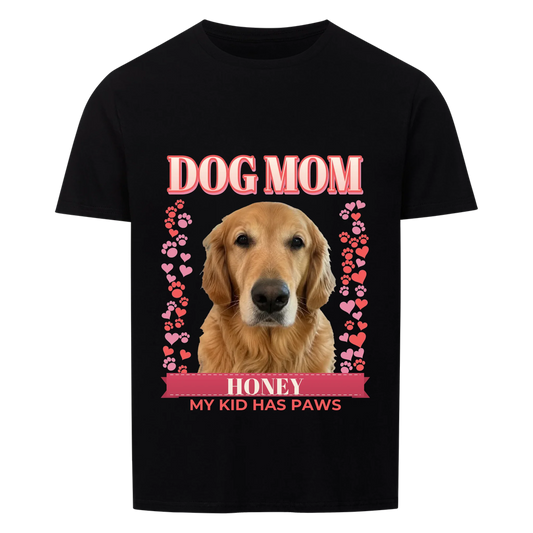 Custom dog mom t-shirt, black, front print: the dog's own photo cut out under DOG MOM, hearts and paw prints, name banner and the line My Kid Has Paws
