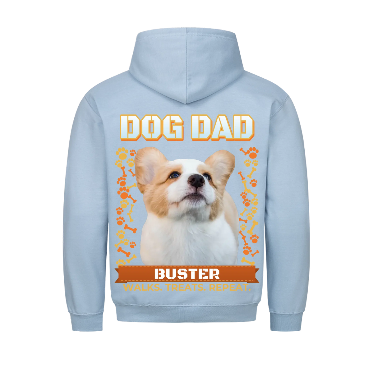 Custom dog dad hoodie, baby blue, back print: dog photo under DOG DAD with bones, paw prints and name banner
