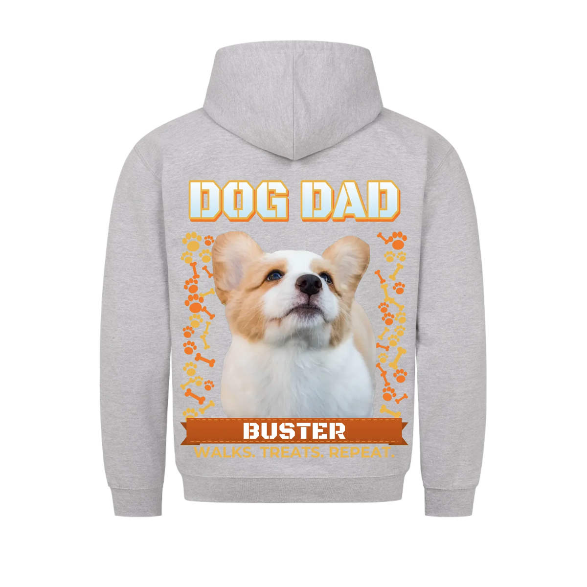 Custom dog dad hoodie, heather grey, back print: dog photo under DOG DAD with bones, paw prints and name banner