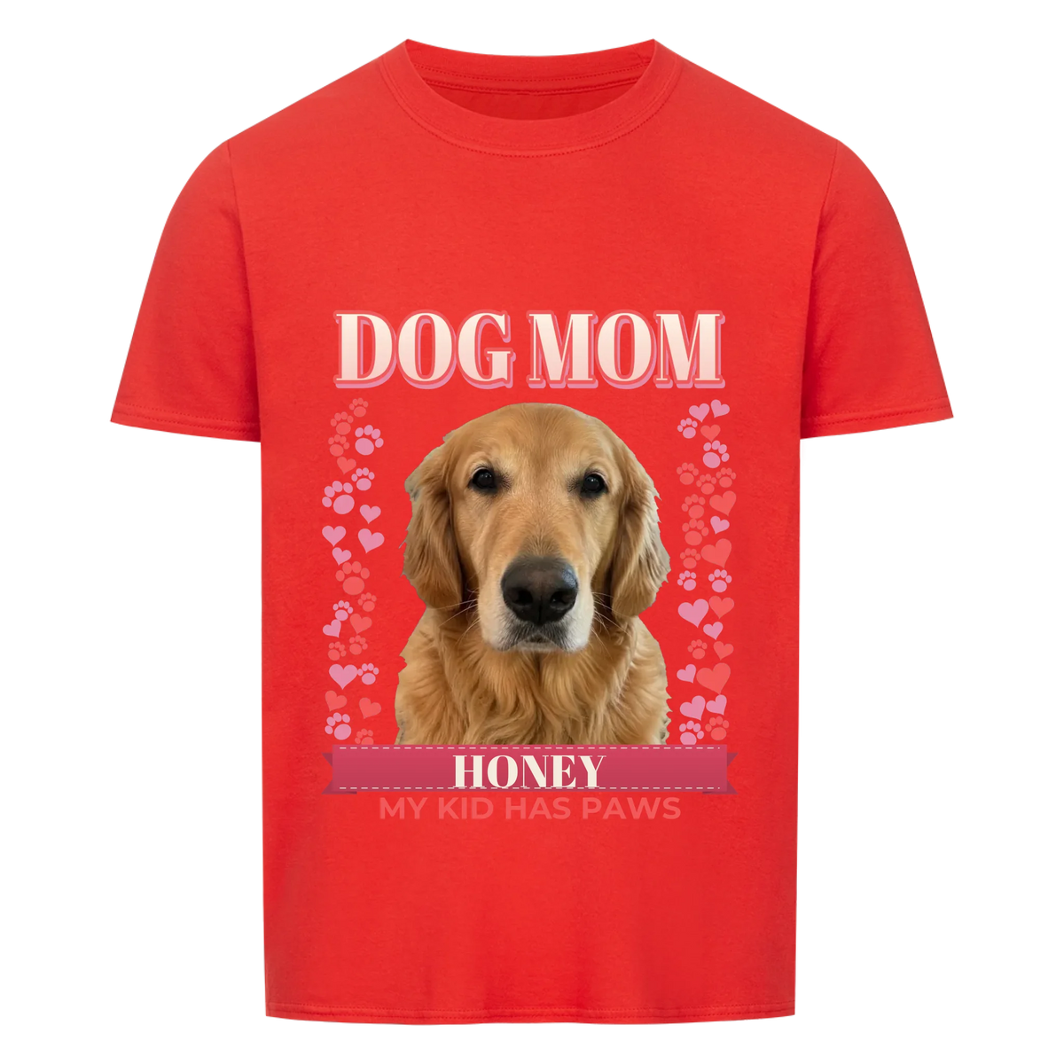 Custom dog mom t-shirt, red, front print: dog photo under DOG MOM with hearts, paw prints and name banner