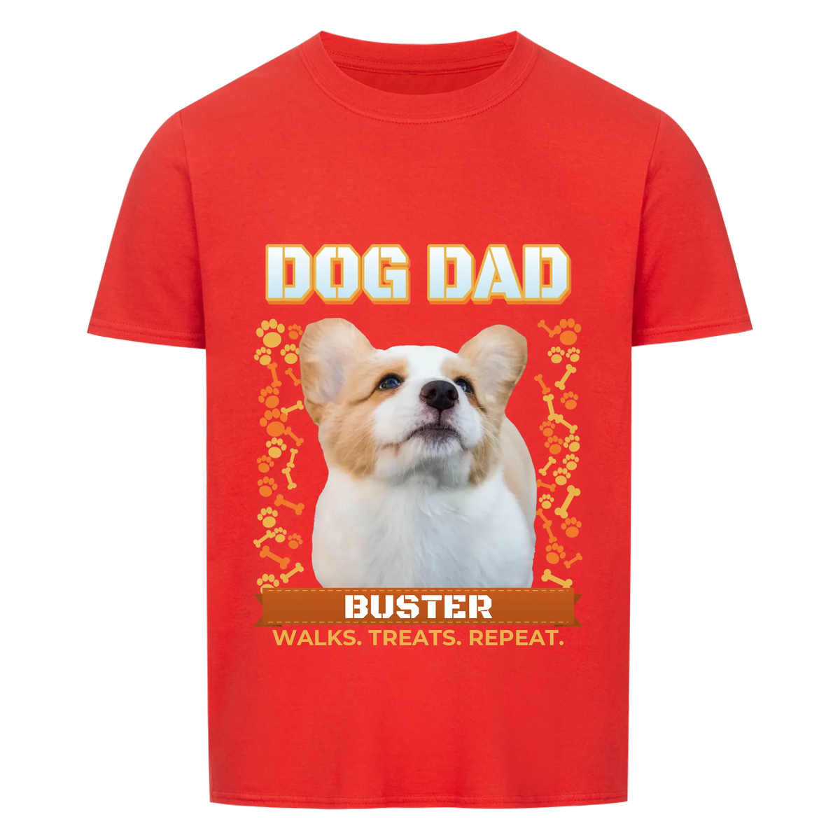 Custom dog dad t-shirt, red, front print: dog photo under DOG DAD with bones, paw prints and name banner