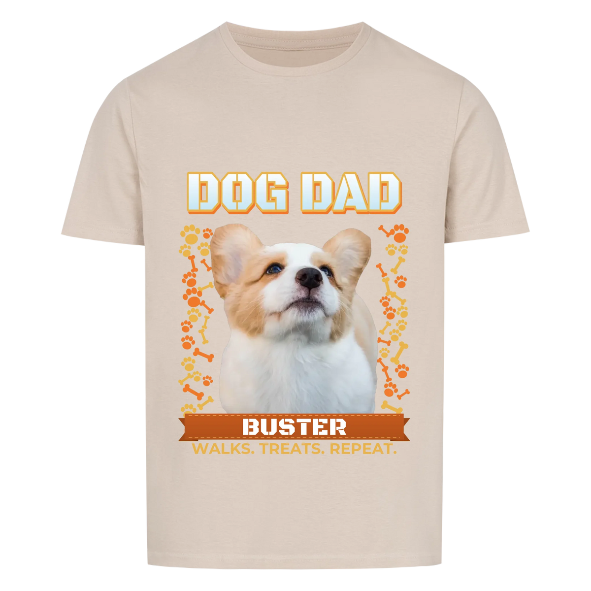 Custom dog dad t-shirt, sand, front print: dog photo under DOG DAD with bones, paw prints and name banner