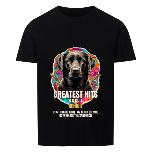 Greatest Hits Vol. 1 custom pet album cover T-shirt in black with your pet's name and tracklist