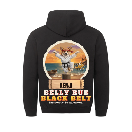 Belly Rub Black Belt custom pet hoodie, black, back print - your dog in a karate gi in a one-leg crane stance on a beach post at sunset, knocked-out rubber chicken, name on a wooden sign, "Dangerous. To squeakers."