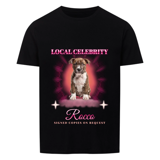 Local Celebrity custom pet photo T-shirt in black – your dog in the spotlight with signature-style name