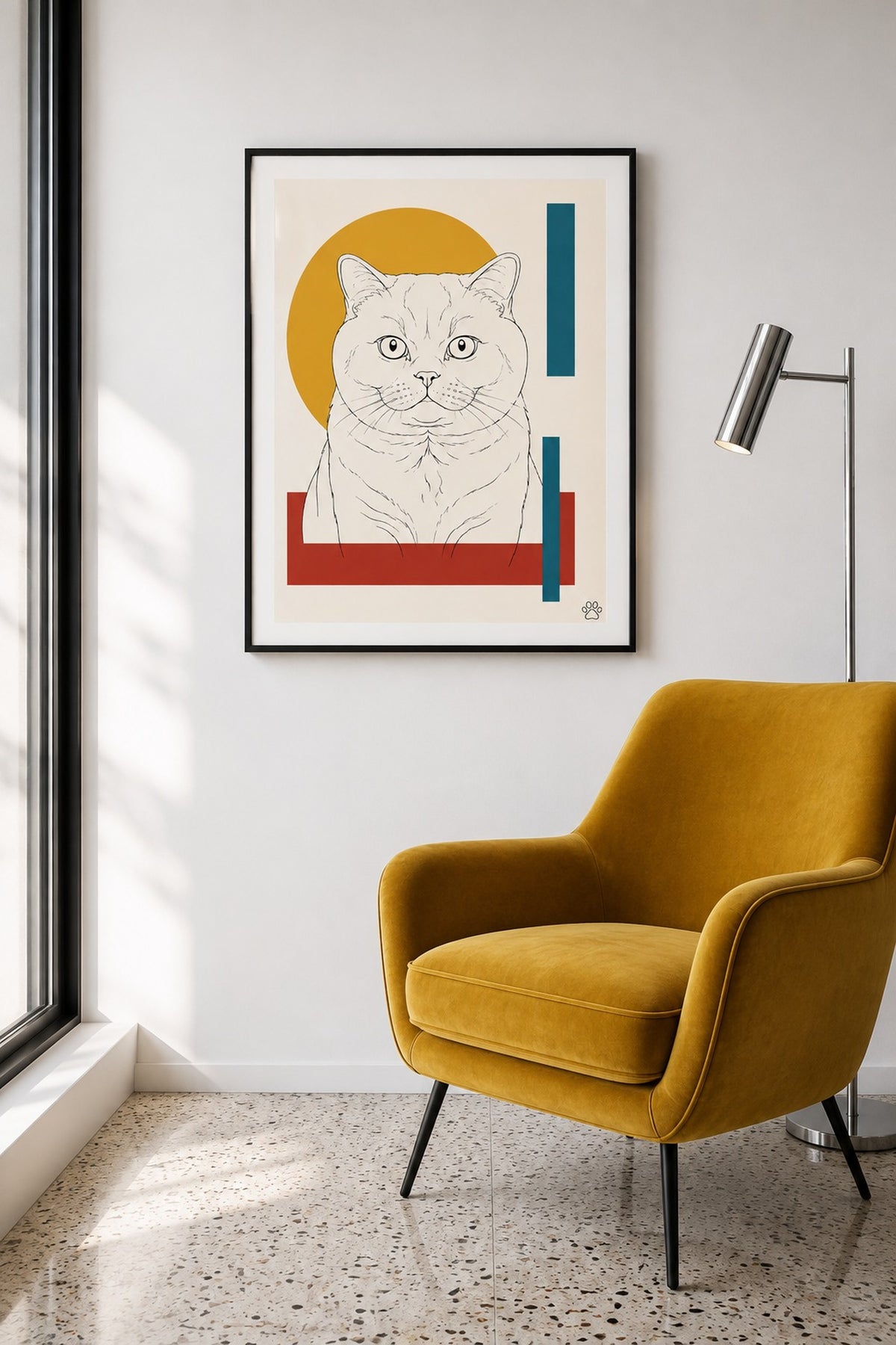 Poster im Wohnzimmer: Deine Katze als Bauhaus-Lineart – personalisiertes Katzenportrait